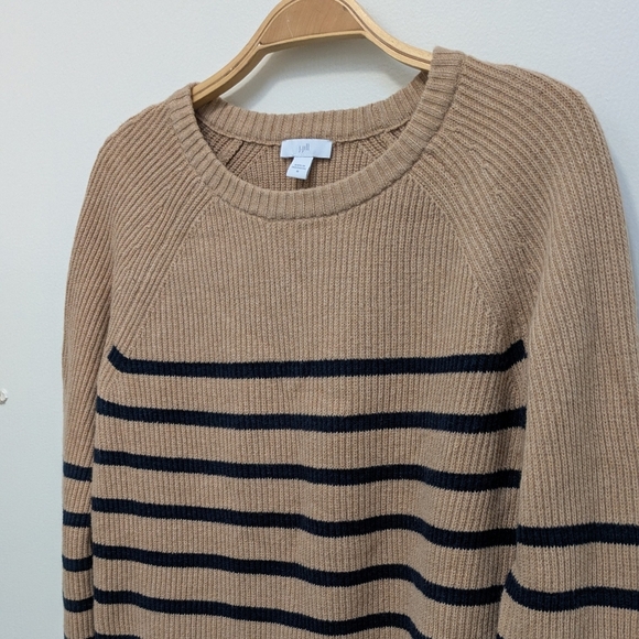 J. Jill Ribbed Striped Tan Navy Crewneck Pullover Sweater Medium - Picture 5 of 8